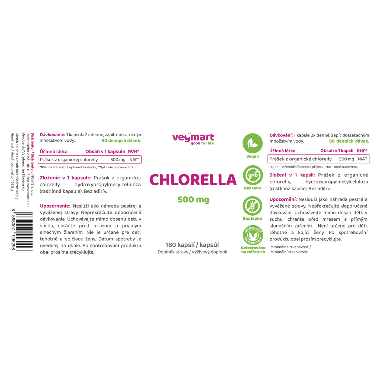 Vegmart Chlorella 500 mg, 180 kapsúl